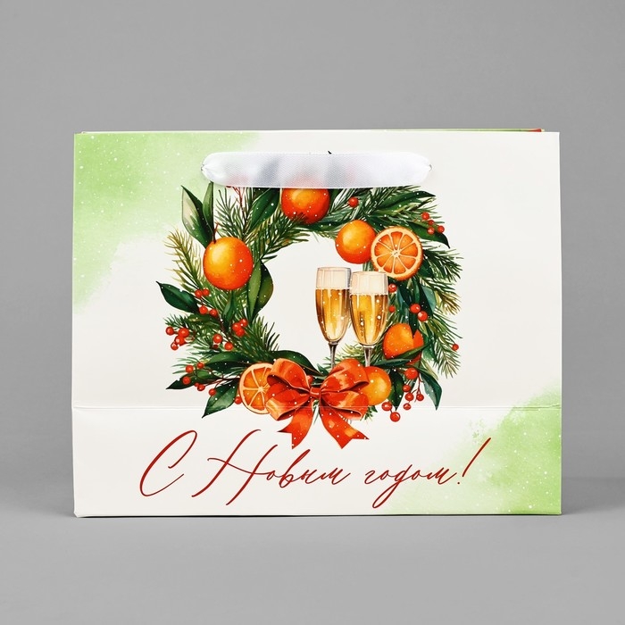 Пакет подарочный новогодний ламинированный «Новогодний венок», мандарины, MS 18 х 23 х 10 см, Новый год Пакет подарочный новогодний ламинированный «Новогодний венок», мандарины, MS 18 х 23 х 10 см, Новый год