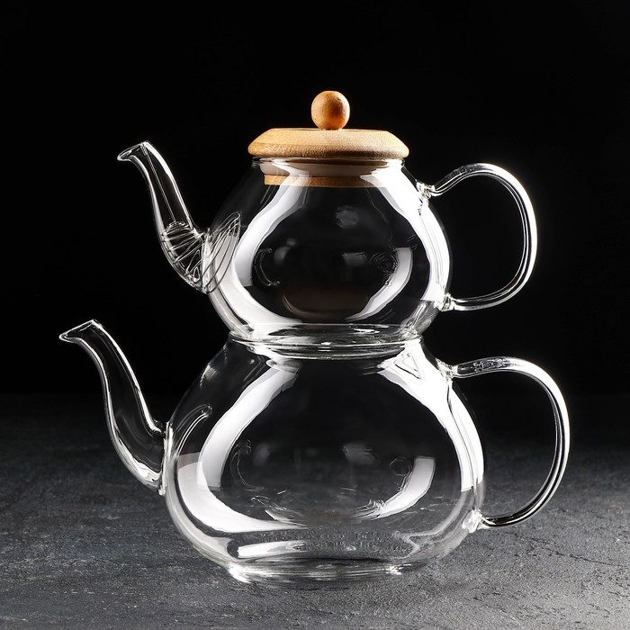 Набор стеклянных чайников с бамбуковой крышкой и металлическим ситом, 480 мл, 1,2 л, 2 шт Набор стеклянных чайников с бамбуковой крышкой и металлическим ситом, 480 мл, 1,2 л, 2 шт