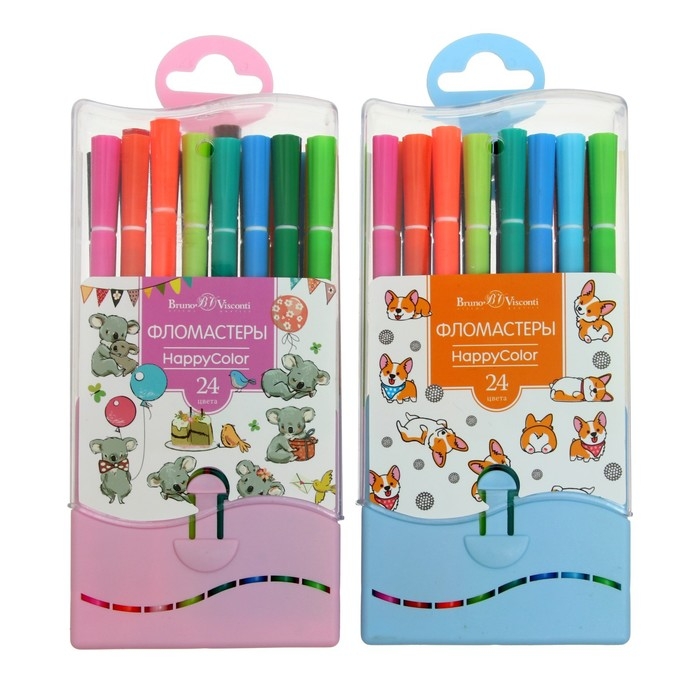 Фломастеры 24 цвета HappyColor, на водной основе, в пластиковом пенале, МИКС Фломастеры 24 цвета HappyColor, на водной основе, в пластиковом пенале, МИКС