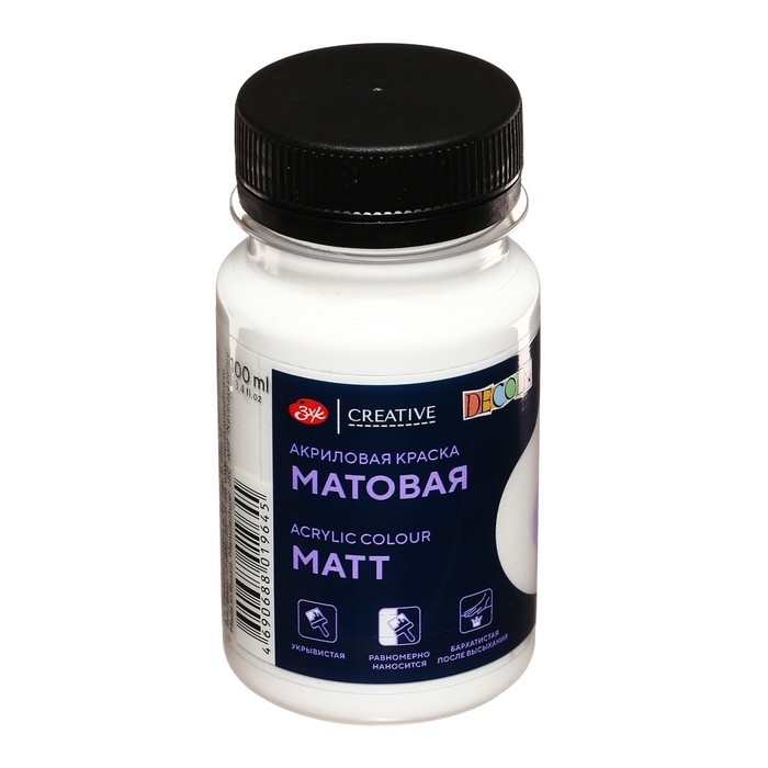 Краска акриловая матовая 100 мл, ЗХК Decola, белая, 14327104 Краска акриловая матовая 100 мл, ЗХК Decola, белая, 14327104