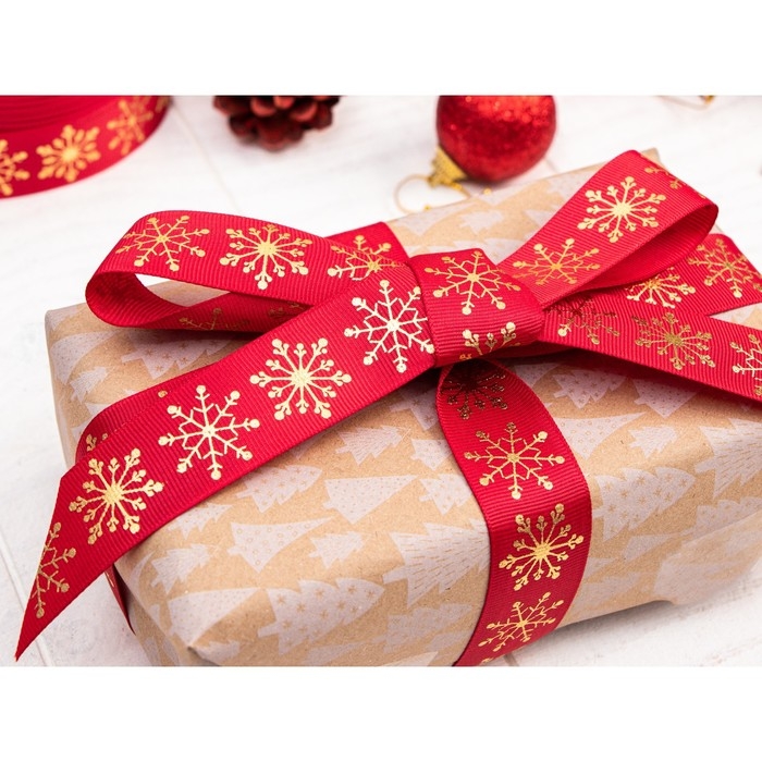 Лента репсовая с тиснением «Снежинки», 25 мм, 23 ± 1 м, цвет красный/золотой №1133 Лента репсовая с тиснением «Снежинки», 25 мм, 23 ± 1 м, цвет красный/золотой №1133