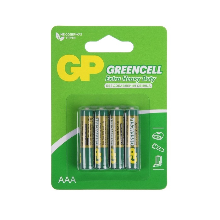 Батарейка солевая GP Greencell Extra Heavy Duty, AAA, R03-4BL, 1.5В, блистер, 4 шт. Батарейка солевая GP Greencell Extra Heavy Duty, AAA, R03-4BL, 1.5В, блистер, 4 шт.