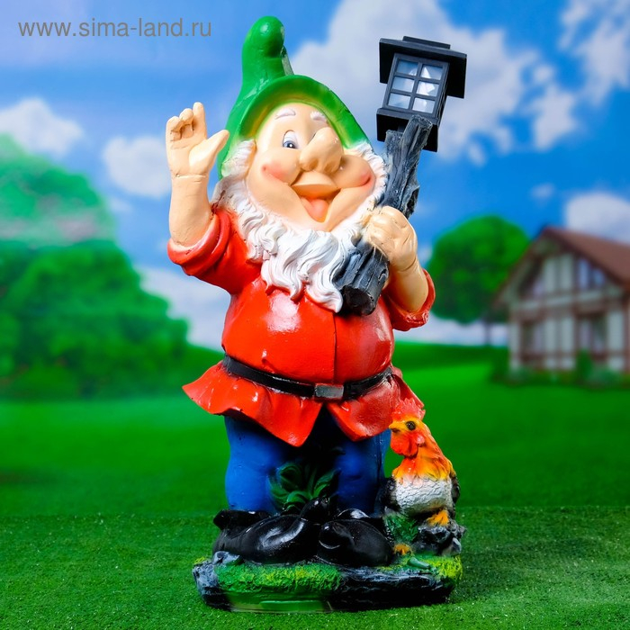 Садовый фонарь  Садовый фонарь "Гном с фонарем и петухом" 31х23х56см