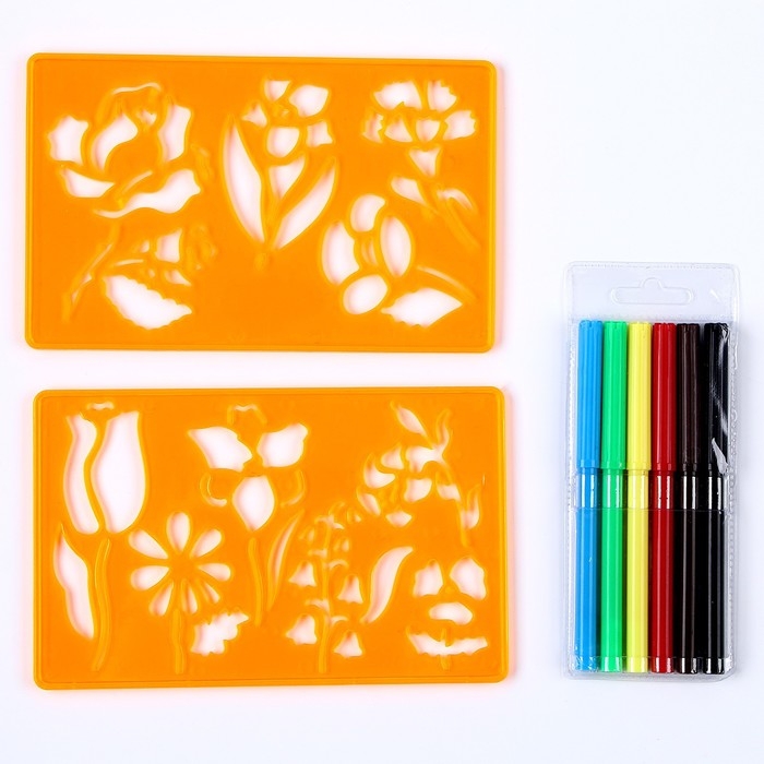 Трафареты «Цветы», набор 2 шт., 6 шт. фломастеров Трафареты «Цветы», набор 2 шт., 6 шт. фломастеров