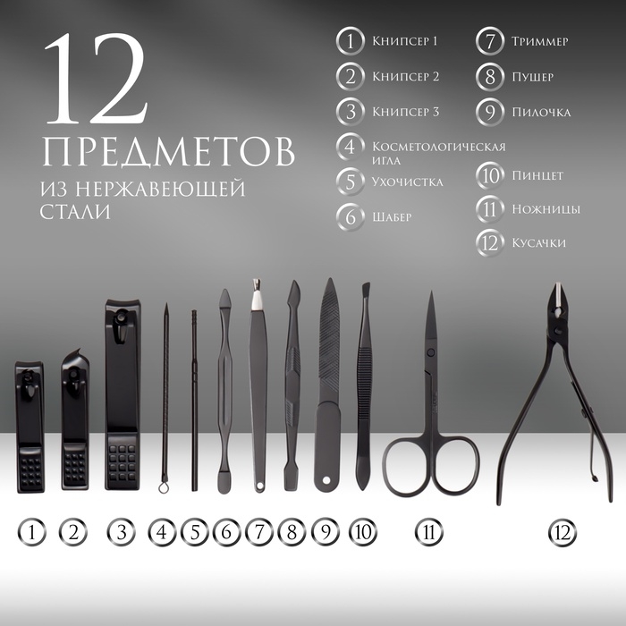 Набор маникюрный, 12 предметов, в футляре, чёрный Набор маникюрный, 12 предметов, в футляре, чёрный
