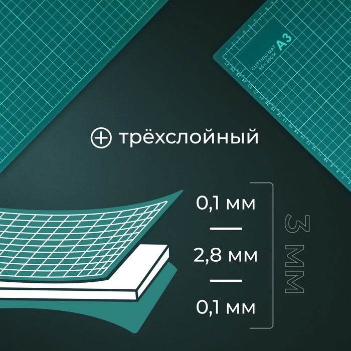 Мат для резки, трёхслойный, 45 × 30 см, А3, цвет зелёный Мат для резки, трёхслойный, 45 × 30 см, А3, цвет зелёный