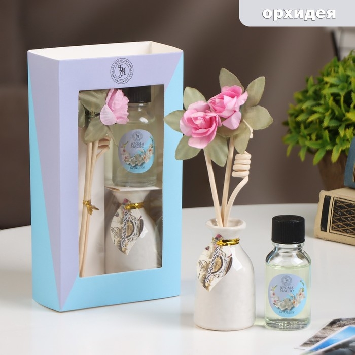 Набор подарочный с диффузором  Набор подарочный с диффузором "Ваза с цветком" орхидея, "Богатство Аромата"