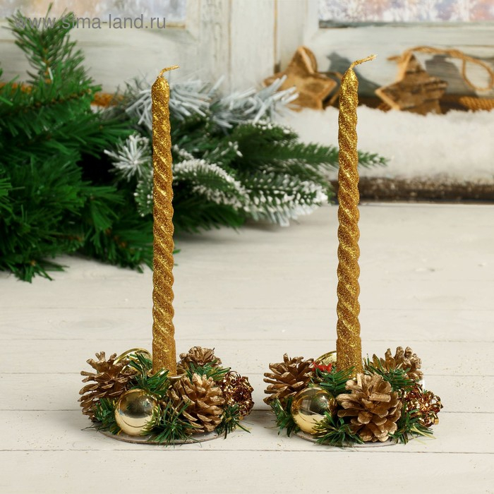 Свеча новогодняя с подсвечником Свеча новогодняя с подсвечником "Мерцание" (набор 4 шт) 5х15х21 см, золото