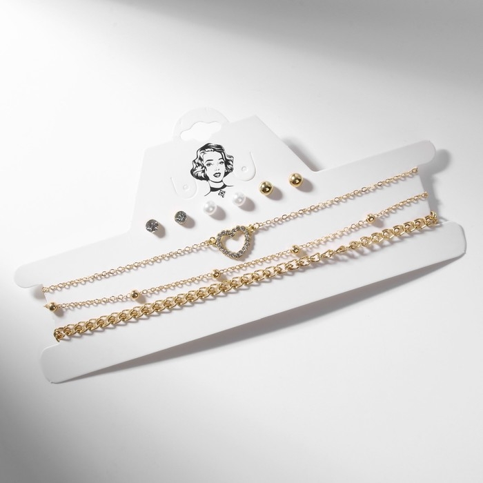 Набор: 3 колье, 3 пары пусет «Эстетика» сердце, цвет белый в золоте, 32 см Набор: 3 колье, 3 пары пусет «Эстетика» сердце, цвет белый в золоте, 32 см