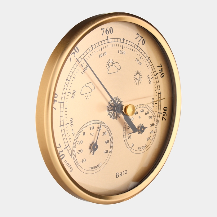 Барометр механический, метеостанция, настенный, золотая рамка, d = 13 см Барометр механический, метеостанция, настенный, золотая рамка, d = 13 см