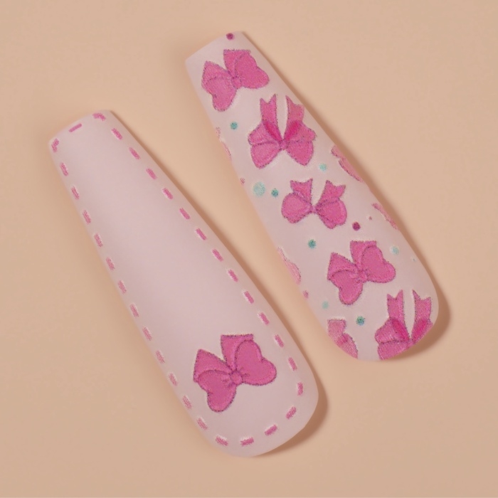 Накладные ногти «Бантики», 12 шт, с клеевыми пластинами, форма балерина, цвет белый/розовый Накладные ногти «Бантики», 12 шт, с клеевыми пластинами, форма балерина, цвет белый/розовый