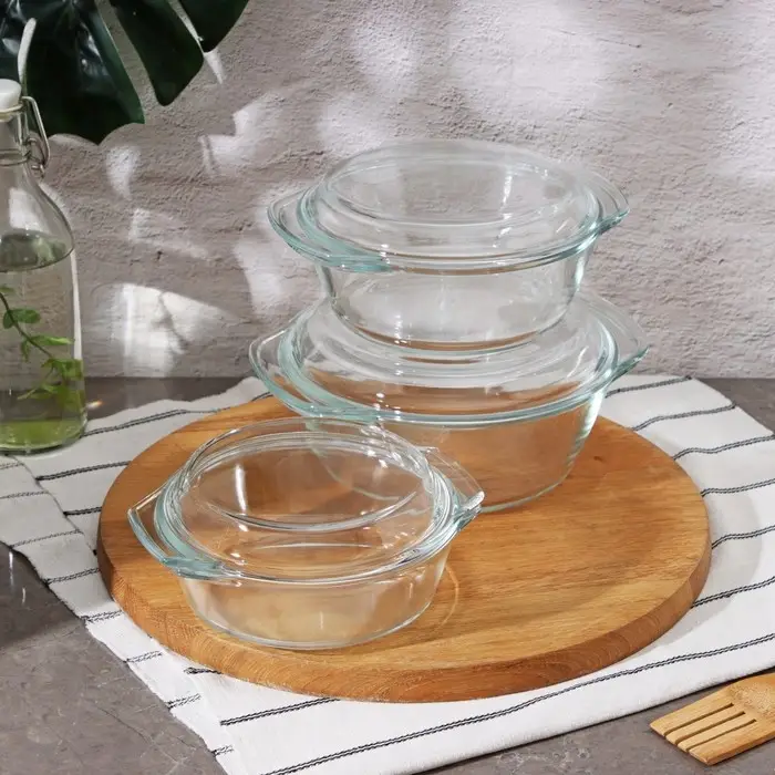 Набор кастрюль из жаропрочного стекла для запекания Доляна &laquo;Гратен&raquo;, 3 предмета: 0.7 л, 1 л, 1.5 л, с крышками