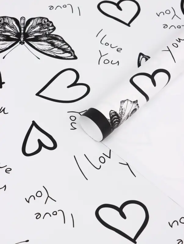 Плёнка флористическая для цветов &laquo;Бабочки и сердца&raquo;, белый с чёрным, 57&times;57 см