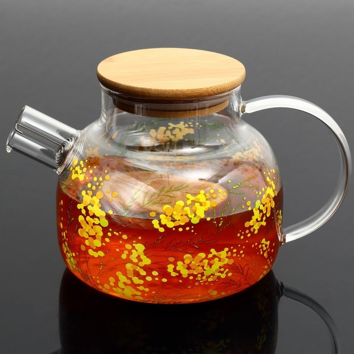 Чайник стеклянный заварочный с бамбуковой крышкой «Нежная мимоза», 1000 мл Чайник стеклянный заварочный с бамбуковой крышкой «Нежная мимоза», 1000 мл