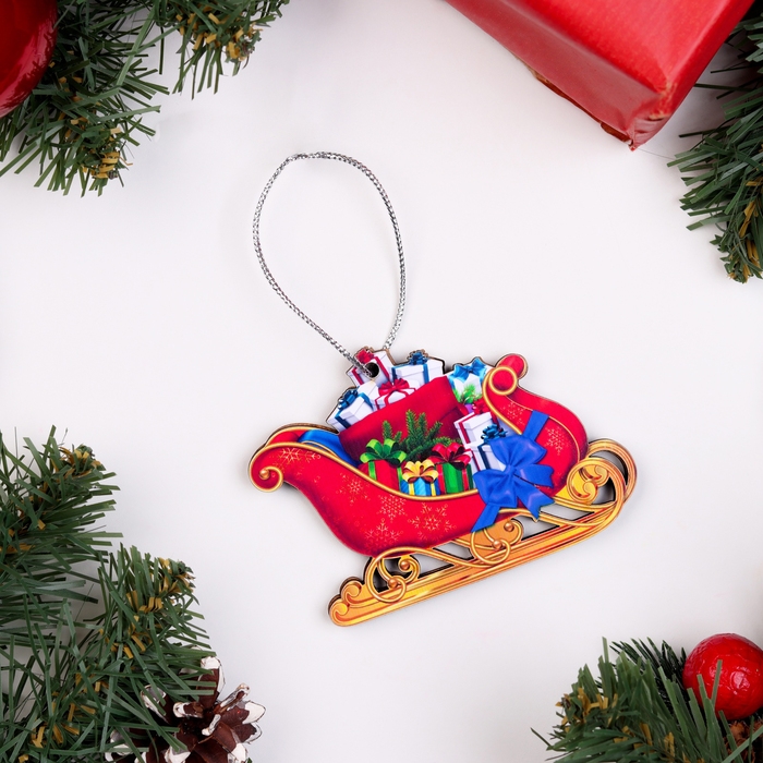 Ёлочная игрушка двусторонняя Ёлочная игрушка двусторонняя "Сани с подарком", 9х6 см