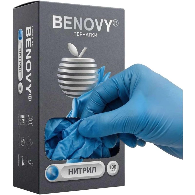 Перчатки нитрил., нестер., н/о, голубой Benovy (L) 100пар/уп CN