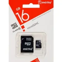 Карта памяти micro SDHC Smartbuy, 16 Гб, класс 10, с адаптером SD