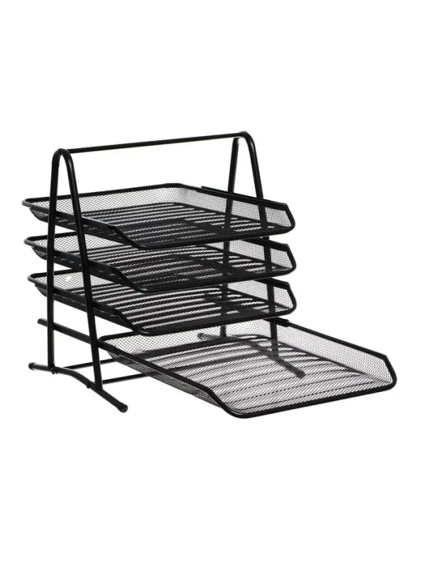 Лоток для бумаг А4, горизонтальный, металлическая сетка, 4 отделения, чёрный