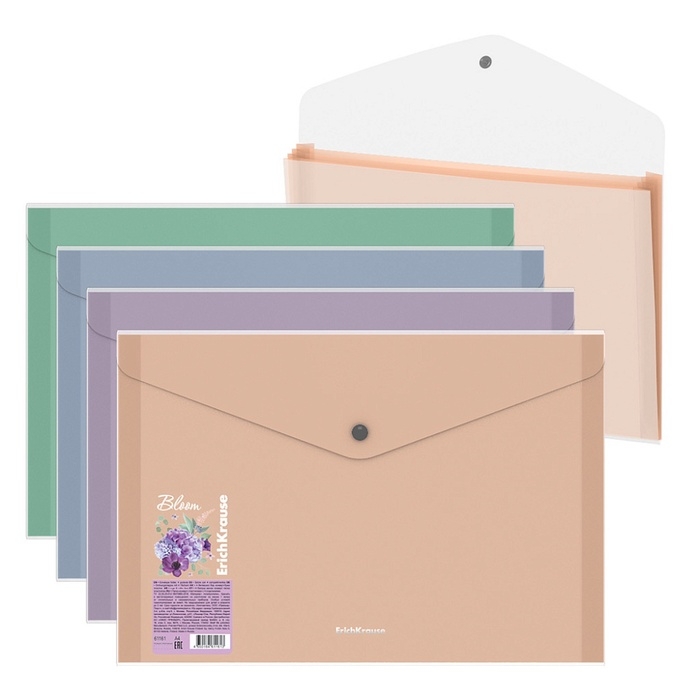 Папка-конверт на кнопке А4, 550 мкм, ErichKrause Matt Pastel Bloom, 4 отделения, с расширением, прозрачная, тиснение  Папка-конверт на кнопке А4, 550 мкм, ErichKrause Matt Pastel Bloom, 4 отделения, с расширением, прозрачная, тиснение "песок", МИКС
