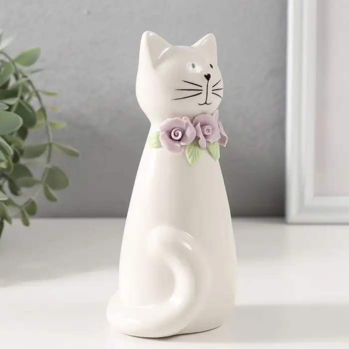 Фигурка керамика &laquo;Котик белый сидящий с цветочным ошейником&raquo;, 6.5&times;6.2&times;14.3 см