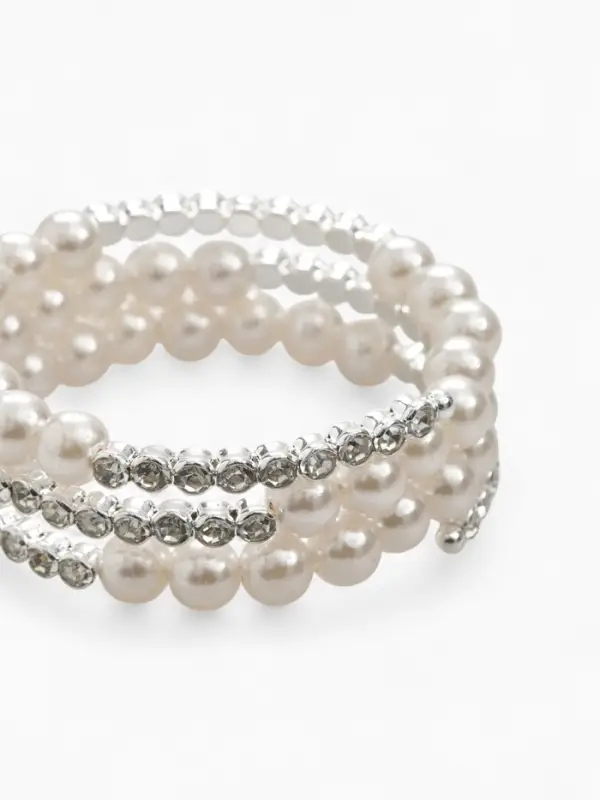 Браслет пружинка &laquo;Жемчуг. Стразы&raquo;, d=6 см, шар №8, белый в серебре