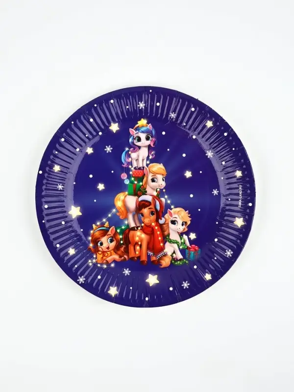Тарелка бумажная "Пони с подарками" , синяя 18 см