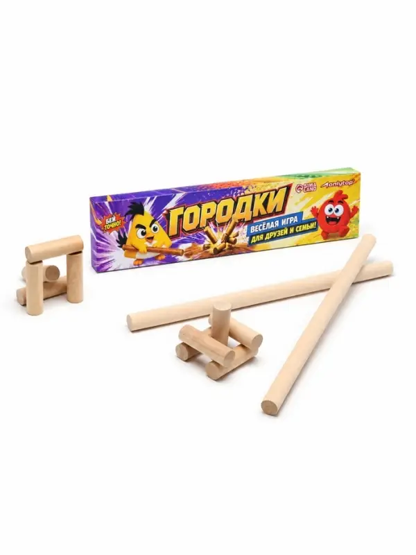 Игра городки &laquo;Птички&raquo;, биты 2 шт. 49&times;2.5 см, городки 10 шт. 9&times;2.5 см