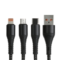 Кабель 3 в 1, MicroUSB/Type-C/Lightning - USB, 3 А, 1.25 метра, чёрный