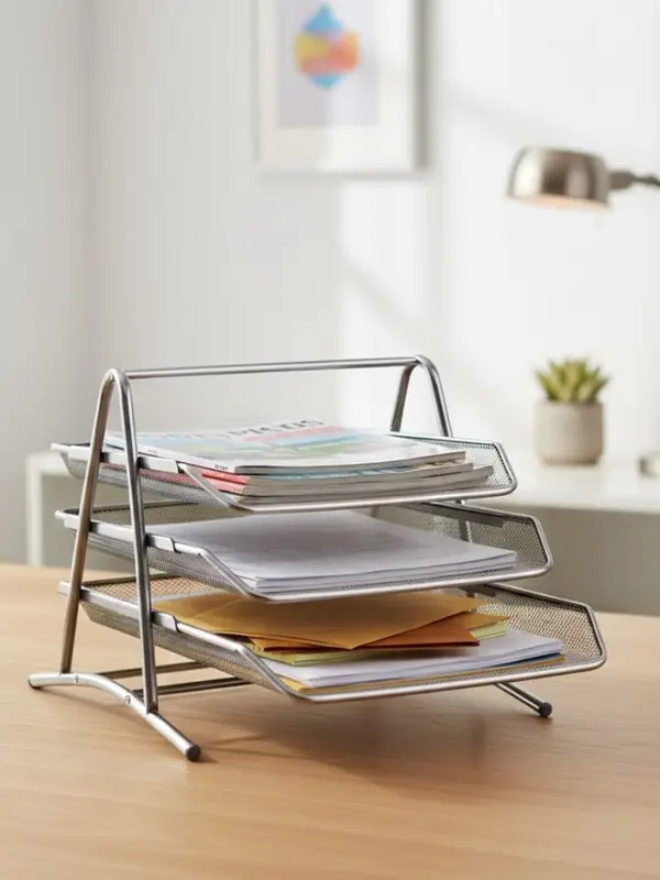 Лоток для бумаг горизонтальный, металлическая сетка, 3 отделения, серый