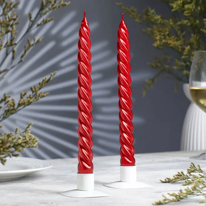 Набор свечей витых, 2.3&times;24.5 см, 5 ч, 50 г, 2 штуки, красный металлик, в подарочной коробке