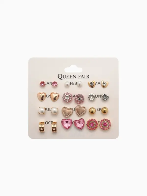 Серьги пусеты 12 пар &laquo;Фантазия&raquo;, сердца, бело-розовый в золоте