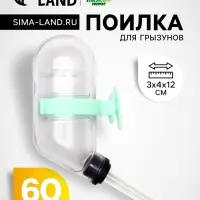 Поилка для грызунов, 60 мл, 12&times;4 см, с пластиковым носиком, с зелёным креплением, прозрачная