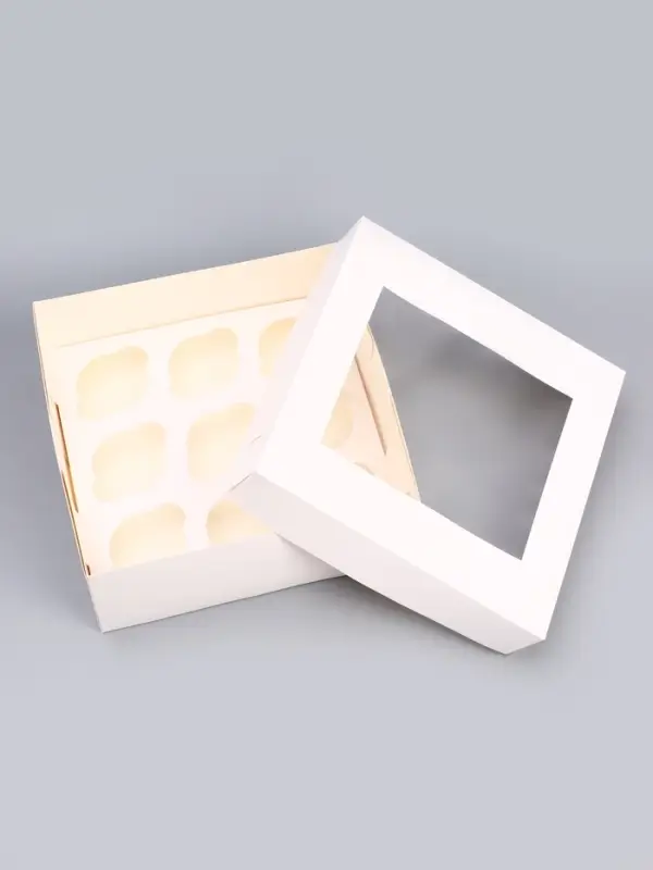 Коробка на 9 капкейков с окном, белая, 25&times;25&times;10 см