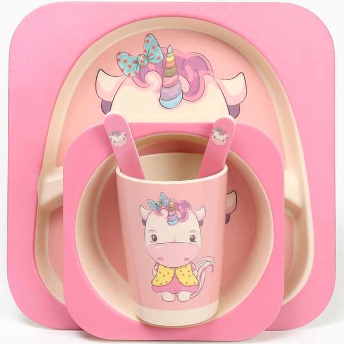 Набор бамбуковой посуды «Единорог», тарелка, миска, стакан, приборы, 5 предметов Набор бамбуковой посуды «Единорог», тарелка, миска, стакан, приборы, 5 предметов