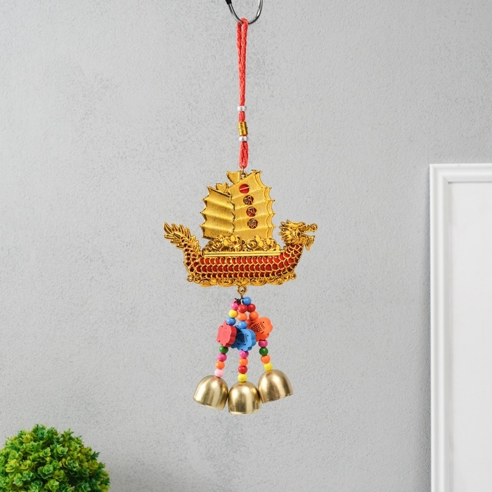 Колокольчик металл  Колокольчик металл "Корабль золотой дракон - богатство" 3 колокольчика 13х31,5 см