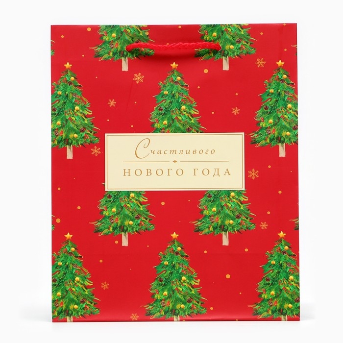 Новый год. Пакет подарочный  Новый год. Пакет подарочный "Счастливого Нового года", на бежевом, 18 х 22,3 х 10 см.