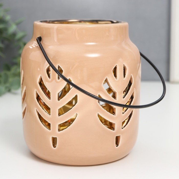 Подсвечник керамика на 1 свечу Подсвечник керамика на 1 свечу "Фонарь. Листья" внутри золото МИКС 11,5х9,5х9,5 см