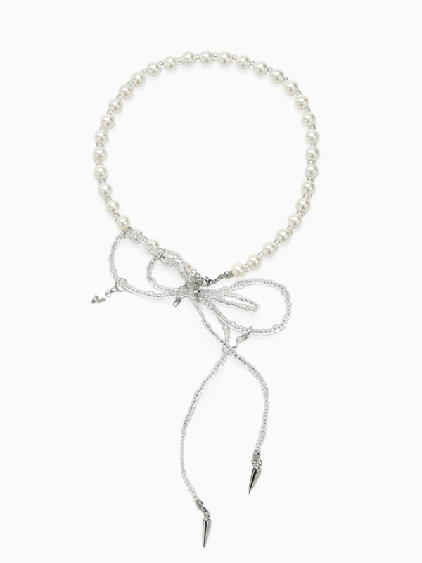 Бусы с жемчугом «Бантик» двойной, цвет белый в серебре, 37 см