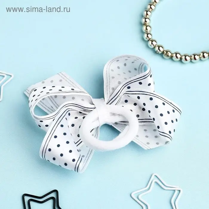 Резинка для волос «Школьница», бант полоски горох, 8 см, бело-синяя