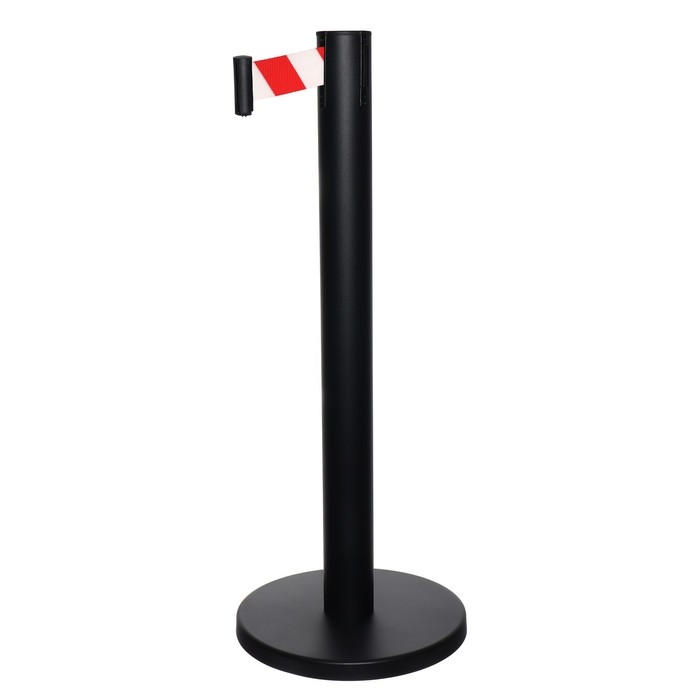 Стойка ограждения черная, с вытяжной лентой-280см, красная, белая, высота-90см, d- 6см, напольный d-32см Стойка ограждения черная, с вытяжной лентой-280см, красная, белая, высота-90см, d- 6см, напольный d-32см