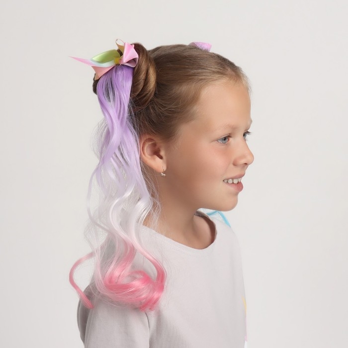 Локон накладной «Бантик», кудрявый волос, на заколке, 32 см, цвет сиреневый/пепельный/розовый