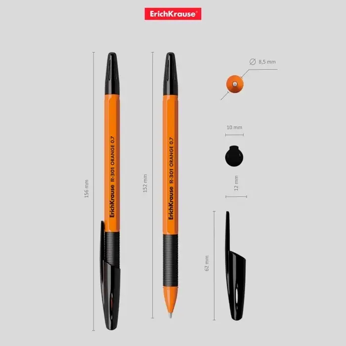 Ручка шариковая ErichKrause R-301 Orange Stick & Grip, узел 0.7 мм, чернила чёрные, резиновый держатель, длина линии письма 2000 метров