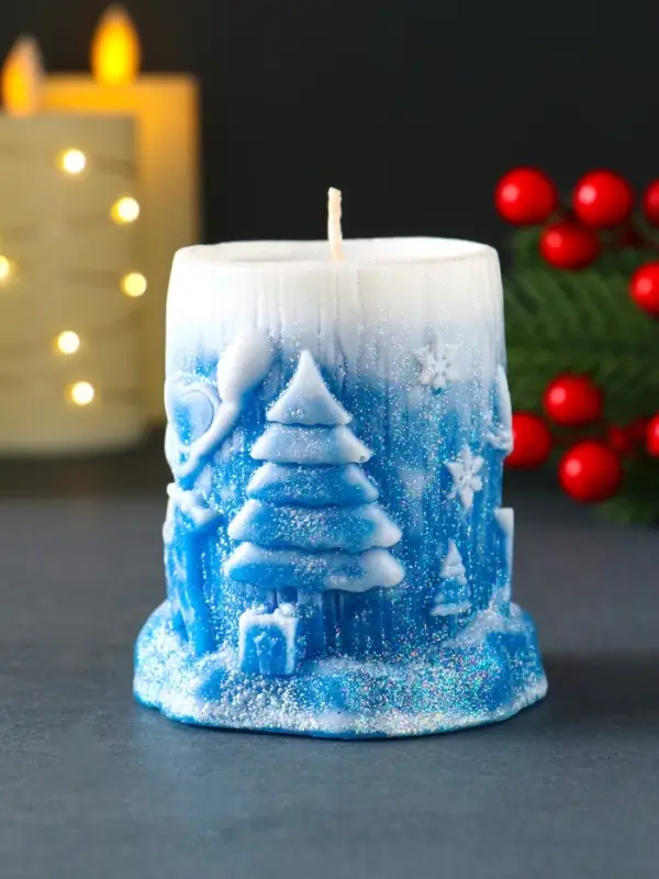 Свеча новогодняя столбик  Свеча новогодняя столбик "Сказочный лес" 75х85 мм, синий