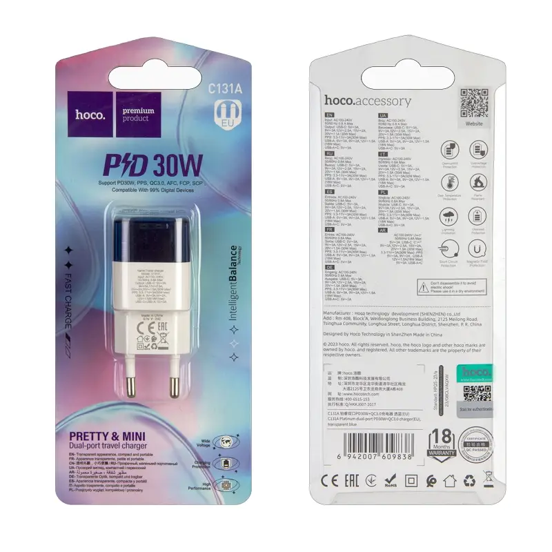 Переходник C131A СЗУ на USB QC3.0 + Type-C PD30W HOCO бело-синий Переходник C131A СЗУ на USB QC3.0 + Type-C PD30W HOCO бело-синий