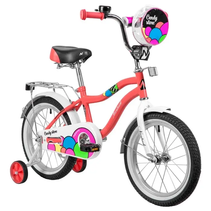 Велосипед детский Novatrack CANDY, диаметр колёс 16", со съёмными колёсами, с сумкой, коралловый
