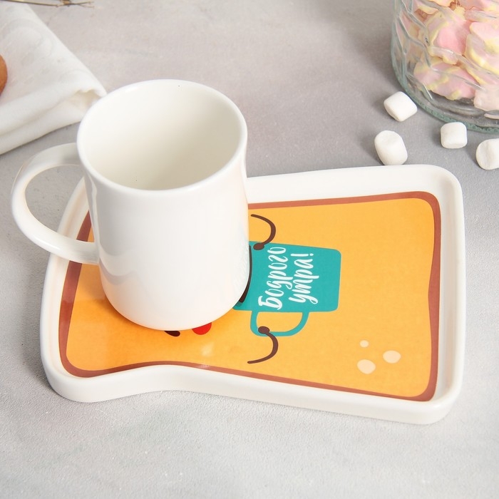 Чайная пара керамическая «Бодрого утра», кружка 200 мл, блюдце 17.8х13.3 см, цвет белый Чайная пара керамическая «Бодрого утра», кружка 200 мл, блюдце 17.8х13.3 см, цвет белый