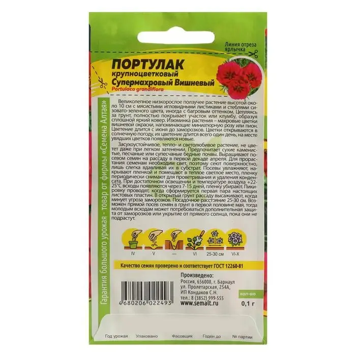 Семена цветов Портулак  Семена цветов Портулак "Супермахровый", вишневый, Сем. Алт, ц/п, 0,1 г
