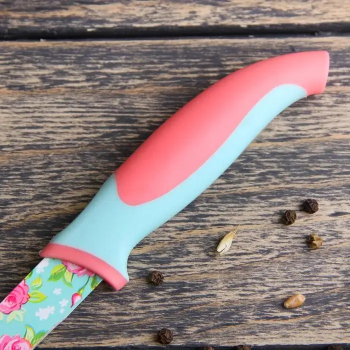 Нож кухонный с антиналипающим покрытием Доляна «Цветочки», лезвие 12 см, голубой