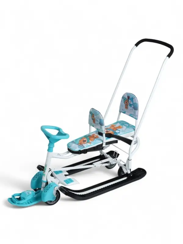 Снегокат «Тимка спорт 6Д» с забавными медвежатами, с двумя спинками, с родительской ручкой, бирюзовый, ТС6Д/ЗМ Nika