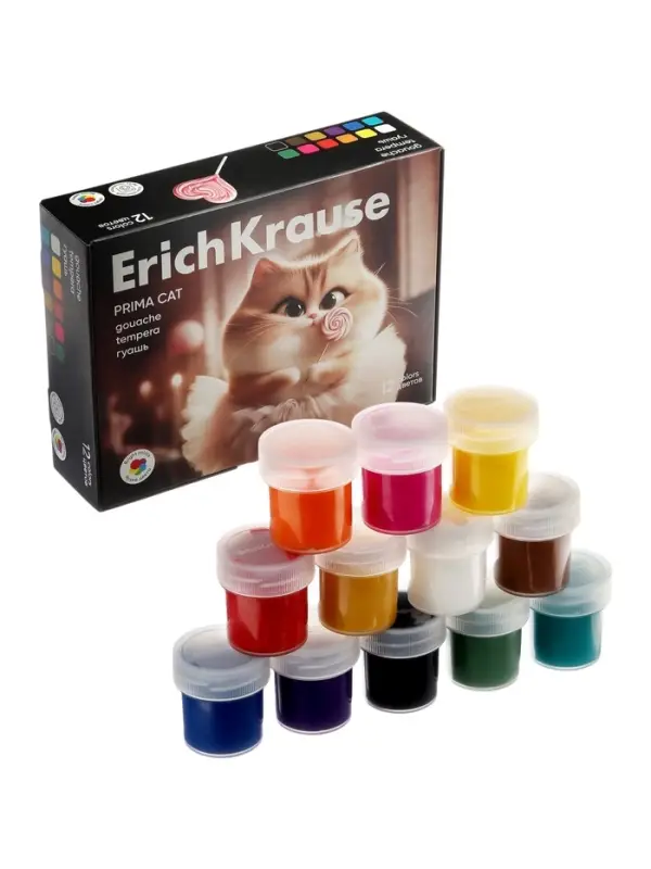 Гуашь 12 цветов ErichKrause Prima Cat, 17 мл
